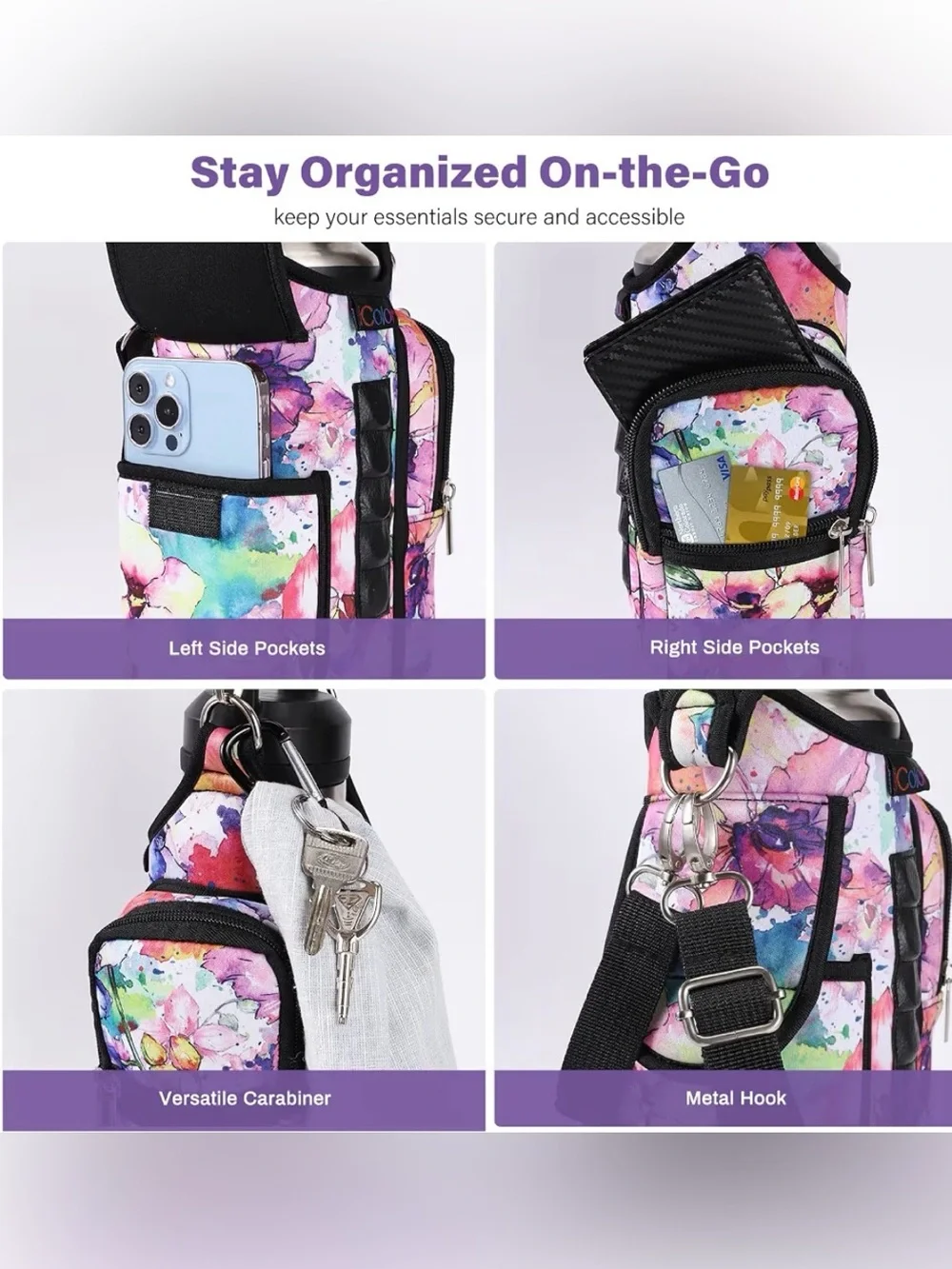 Floral Magnetic Gym Bag Water Bottle Holder with Phone Pockets & Shoulder Strap